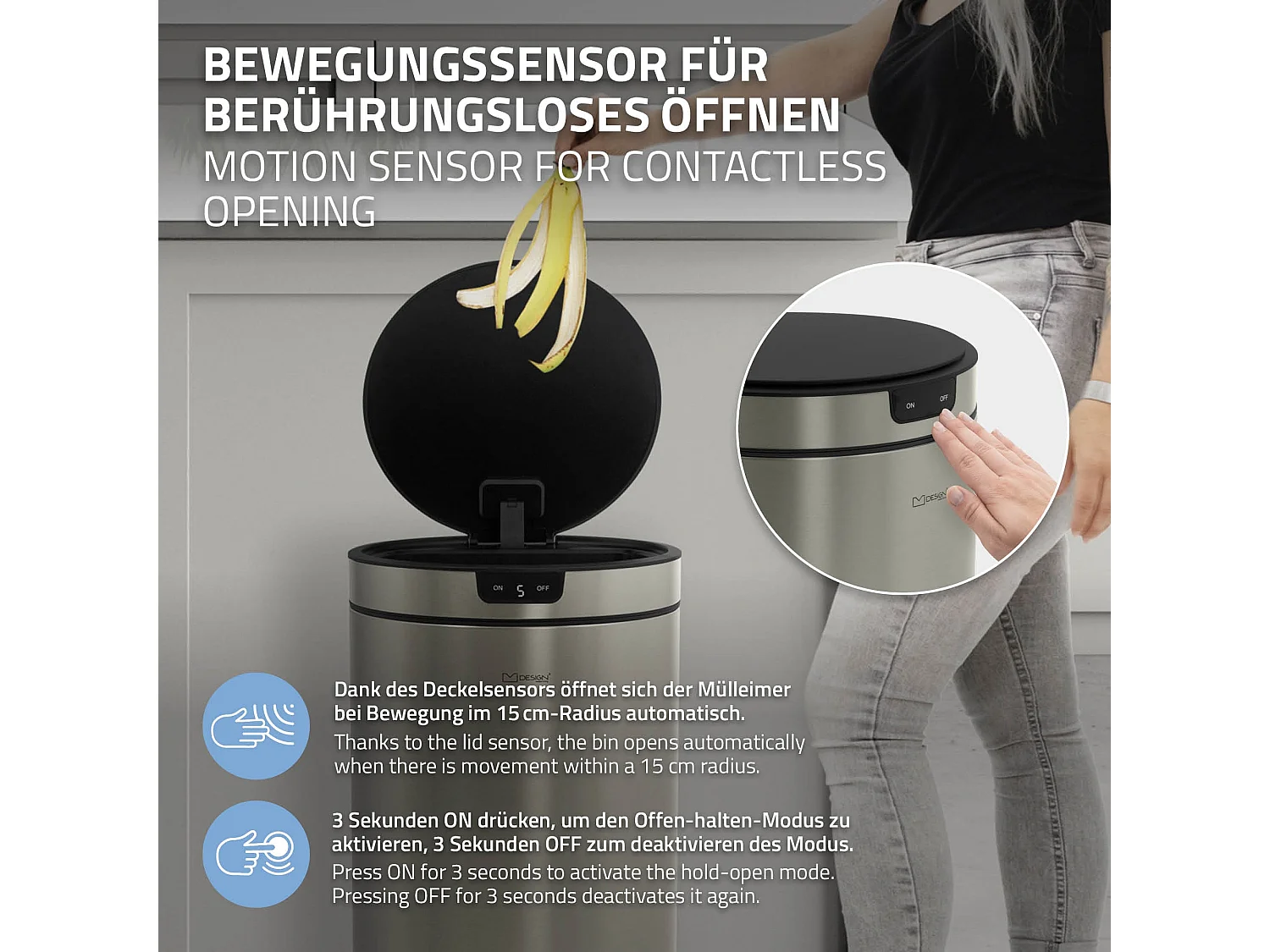 ML-Design Cubo de basura inteligente con sensor de movimiento 30L papelera redonda con apertura y cierre automática de acero plateado con pantalla LED