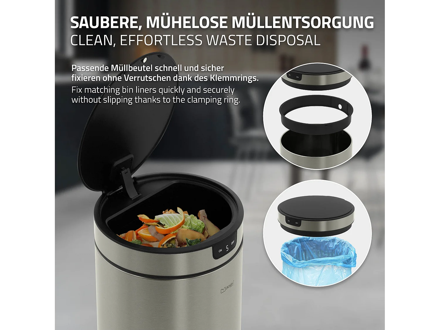 ML-Design Cubo de basura inteligente con sensor de movimiento 30L papelera redonda con apertura y cierre automática de acero plateado con pantalla LED