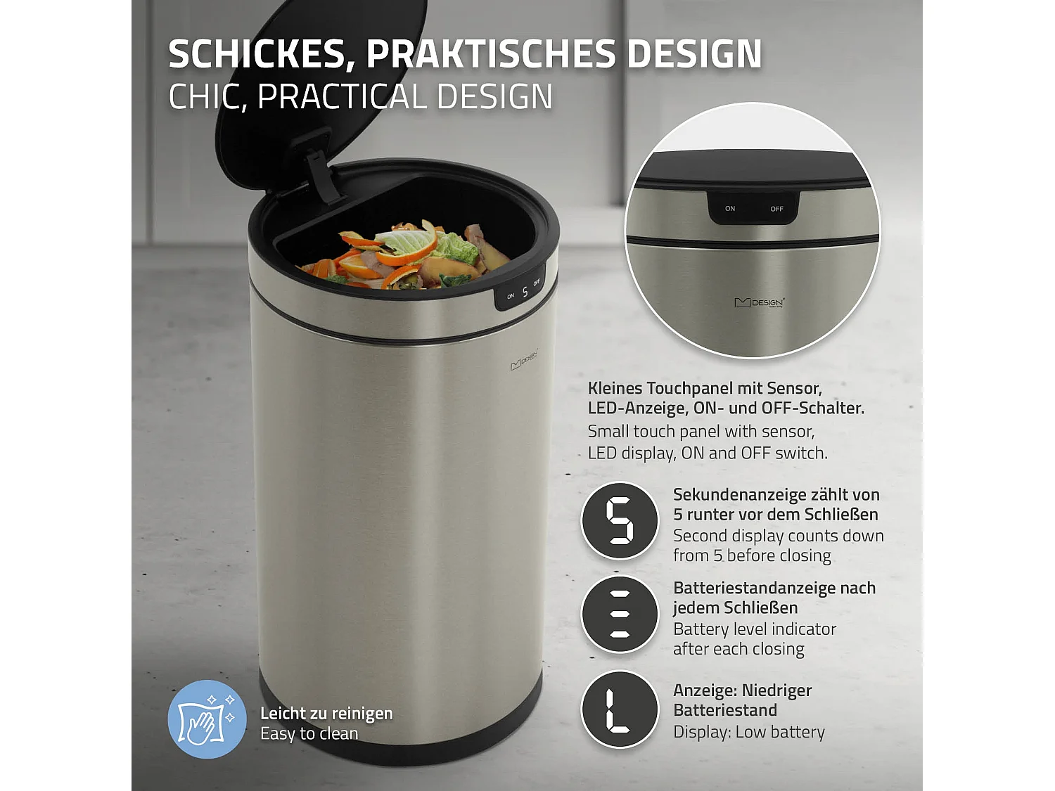 ML-Design Cubo de basura inteligente con sensor de movimiento 30L papelera redonda con apertura y cierre automática de acero plateado con pantalla LED