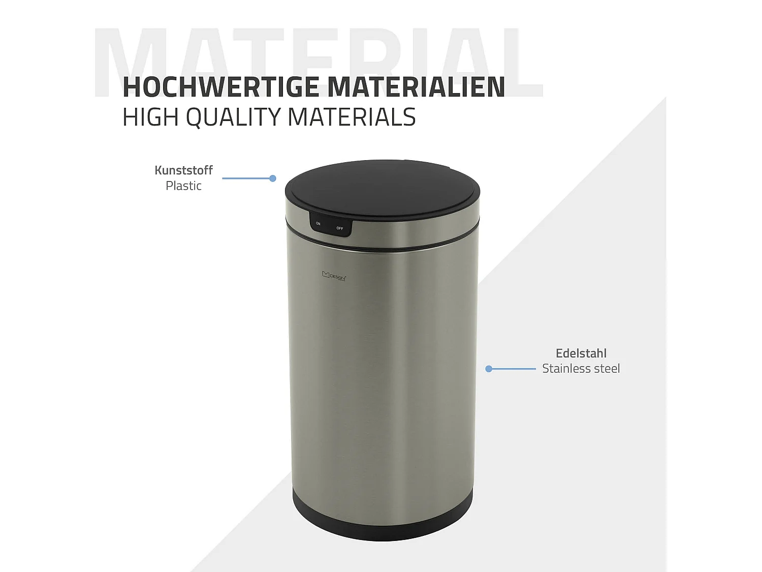 ML-Design Cubo de basura inteligente con sensor de movimiento 30L papelera redonda con apertura y cierre automática de acero plateado con pantalla LED