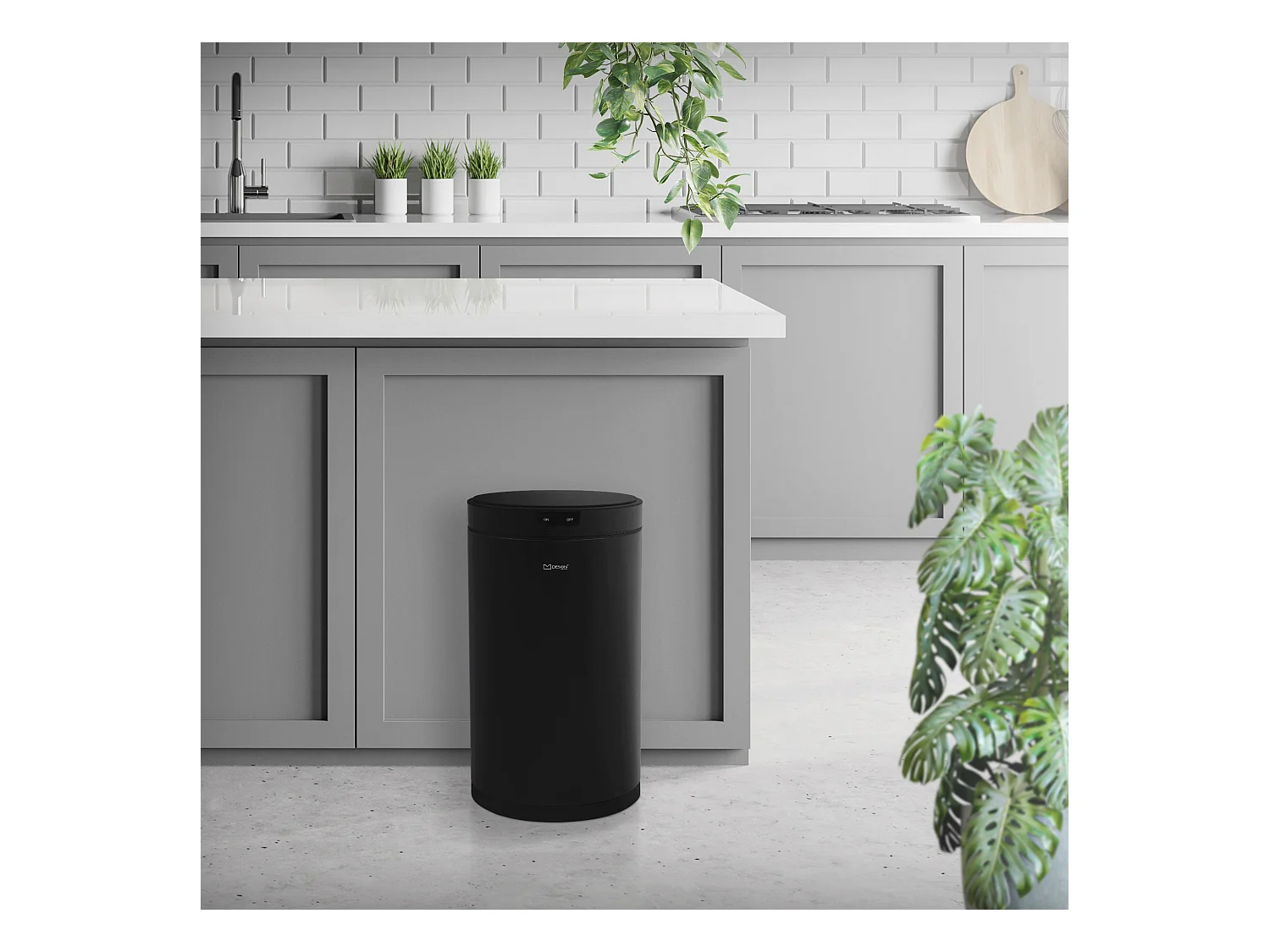 ML-Design Pattumiera automatica 30L, cestino per rifiuti con sensore rotondo in acciaio verniciato nero, anello per sacchetti, per cucina e ufficio