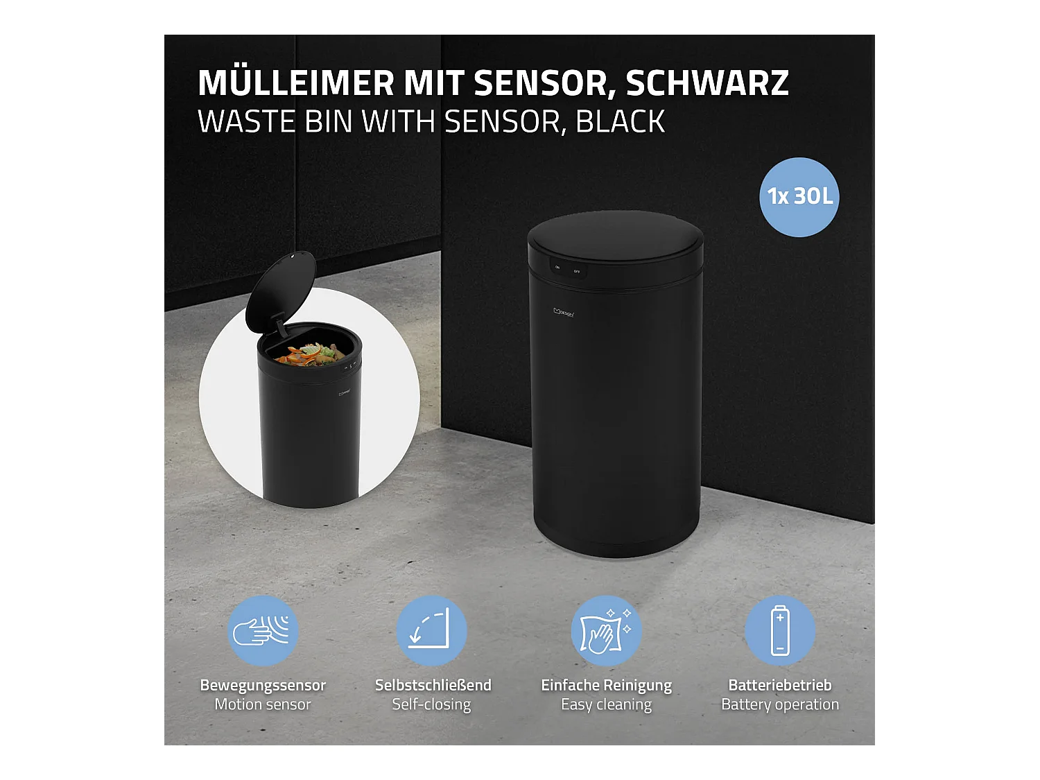 ML-Design Pattumiera automatica 30L, cestino per rifiuti con sensore rotondo in acciaio verniciato nero, anello per sacchetti, per cucina e ufficio