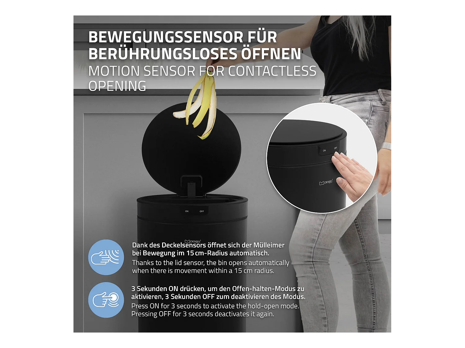 ML-Design Pattumiera automatica 30L, cestino per rifiuti con sensore rotondo in acciaio verniciato nero, anello per sacchetti, per cucina e ufficio