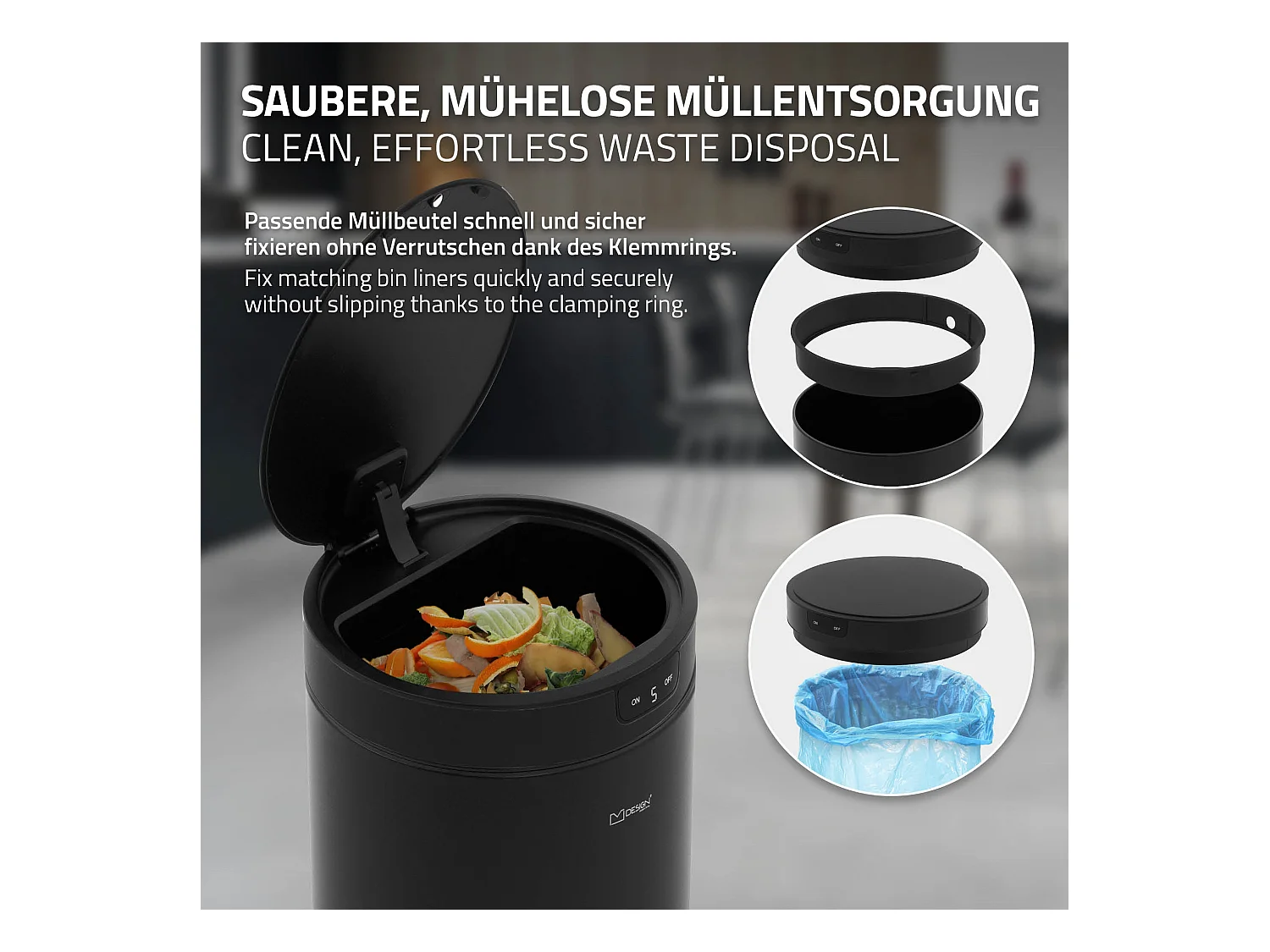ML-Design Pattumiera automatica 30L, cestino per rifiuti con sensore rotondo in acciaio verniciato nero, anello per sacchetti, per cucina e ufficio