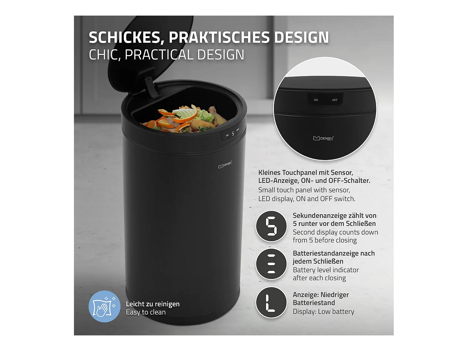 ML-Design Pattumiera automatica 30L, cestino per rifiuti con sensore rotondo in acciaio verniciato nero, anello per sacchetti, per cucina e ufficio