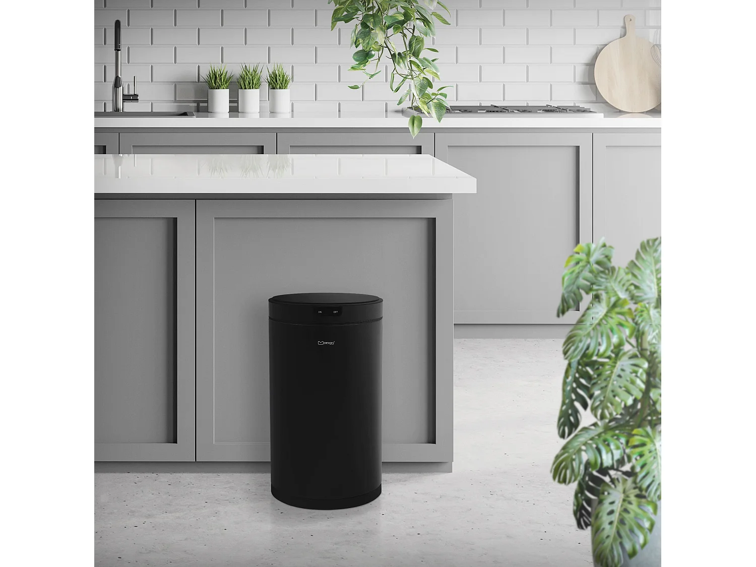 ML-Design Pattumiera automatica 30L, cestino per rifiuti con sensore rotondo in acciaio verniciato nero, anello per sacchetti, per cucina e ufficio