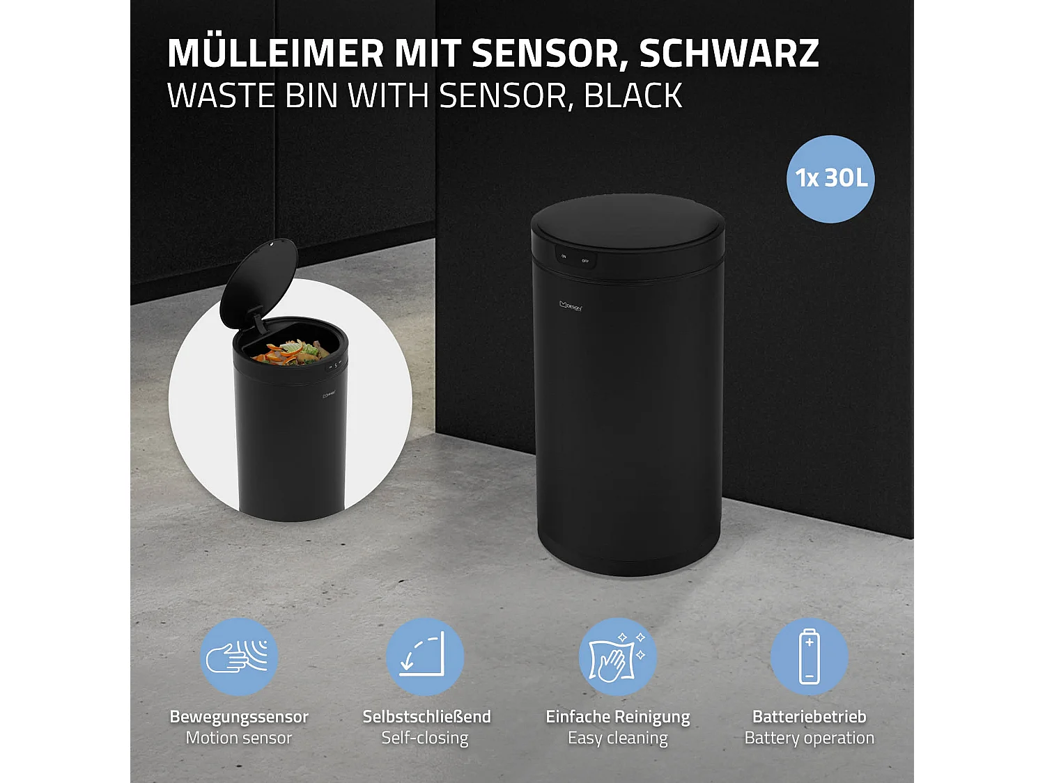 ML-Design Pattumiera automatica 30L, cestino per rifiuti con sensore rotondo in acciaio verniciato nero, anello per sacchetti, per cucina e ufficio