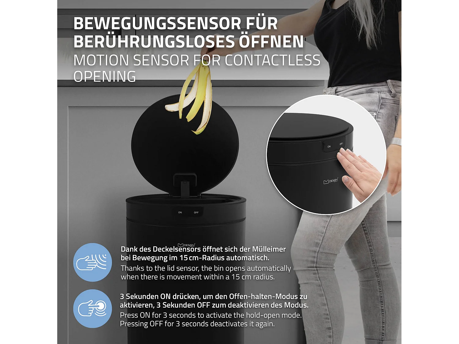 ML-Design Pattumiera automatica 30L, cestino per rifiuti con sensore rotondo in acciaio verniciato nero, anello per sacchetti, per cucina e ufficio