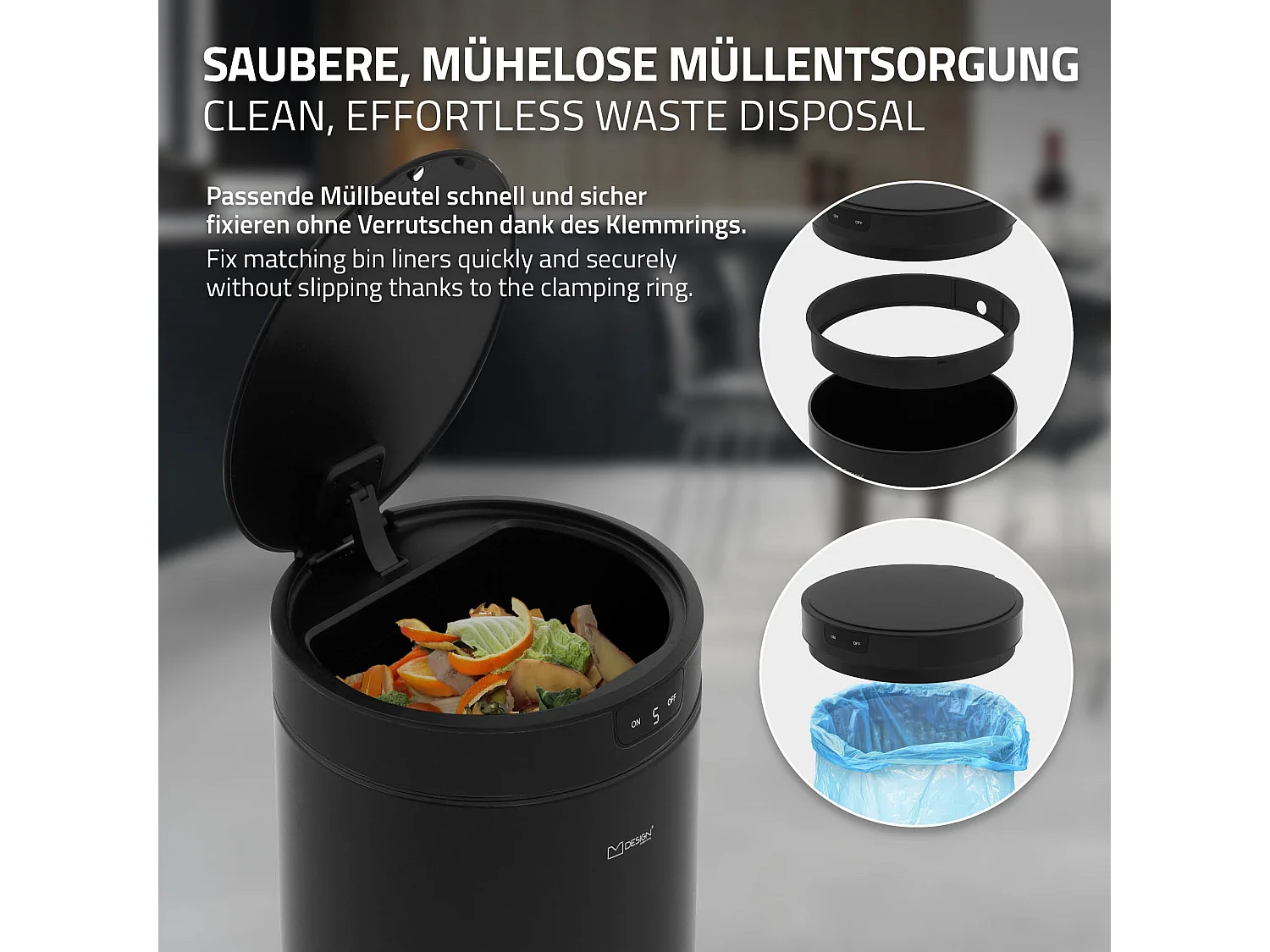 ML-Design Pattumiera automatica 30L, cestino per rifiuti con sensore rotondo in acciaio verniciato nero, anello per sacchetti, per cucina e ufficio
