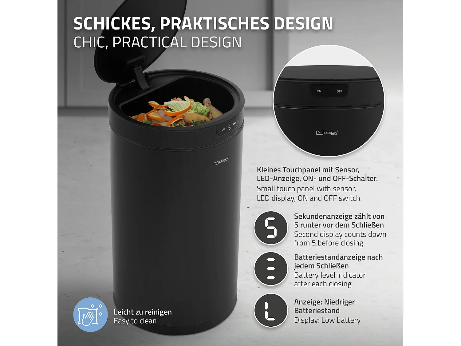 ML-Design Pattumiera automatica 30L, cestino per rifiuti con sensore rotondo in acciaio verniciato nero, anello per sacchetti, per cucina e ufficio