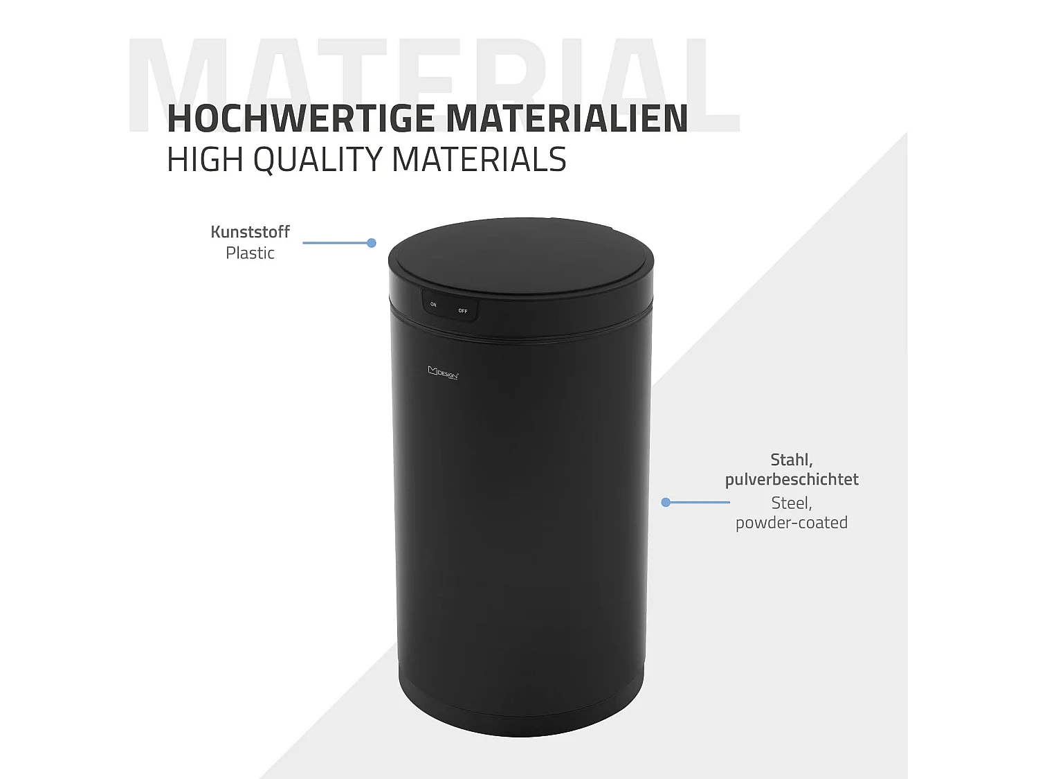 ML-Design Pattumiera automatica 30L, cestino per rifiuti con sensore rotondo in acciaio verniciato nero, anello per sacchetti, per cucina e ufficio