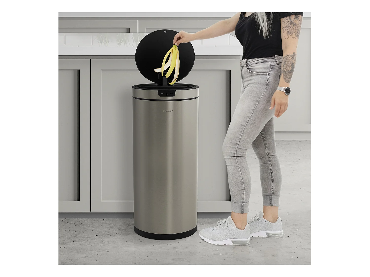 ML-Design Pattumiera automatica 40L, cestino per rifiuti con sensore rotondo in acciaio inox argentato, con anello per sacchetti, per cucina e ufficio