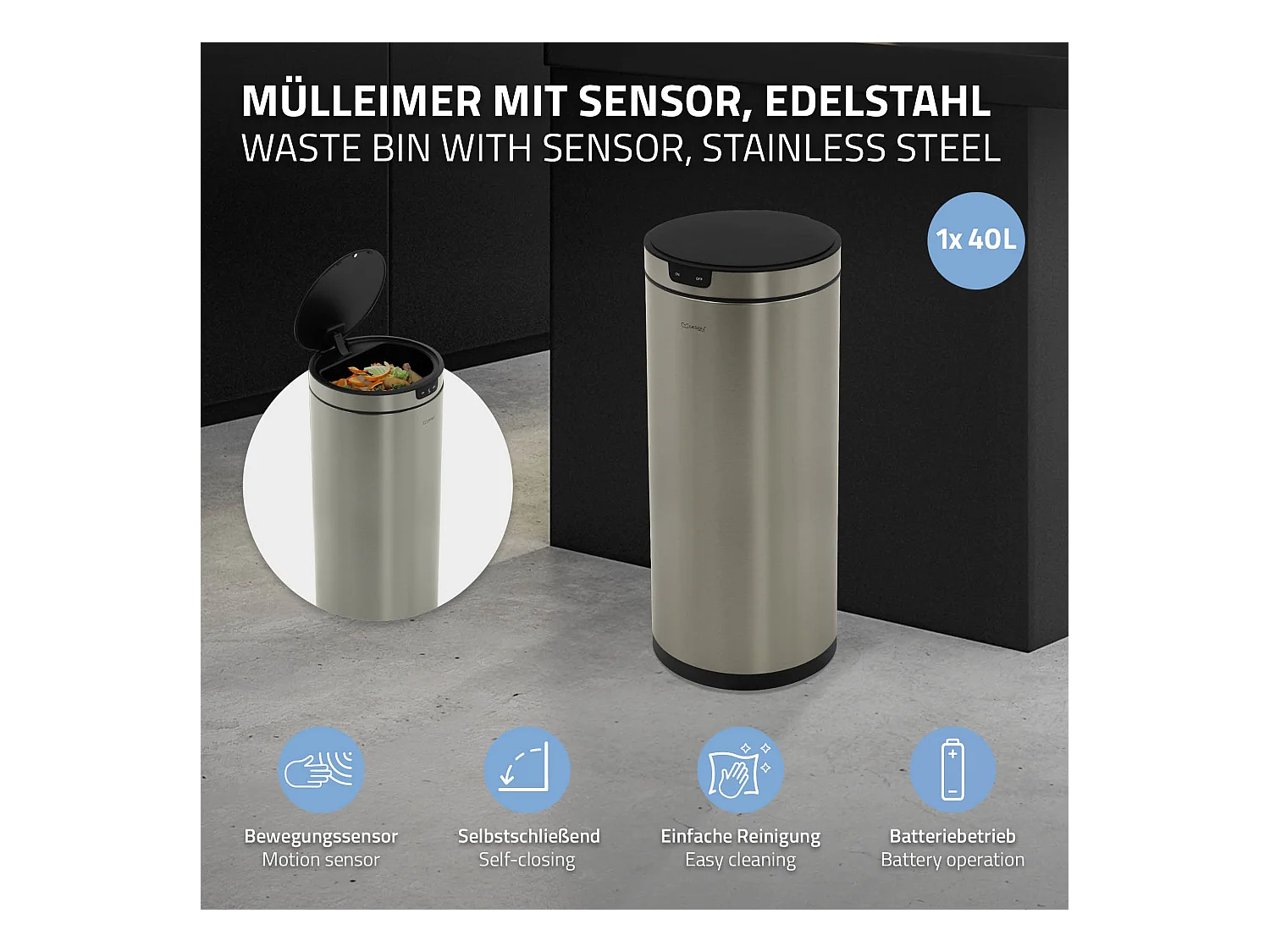 ML-Design Pattumiera automatica 40L, cestino per rifiuti con sensore rotondo in acciaio inox argentato, con anello per sacchetti, per cucina e ufficio