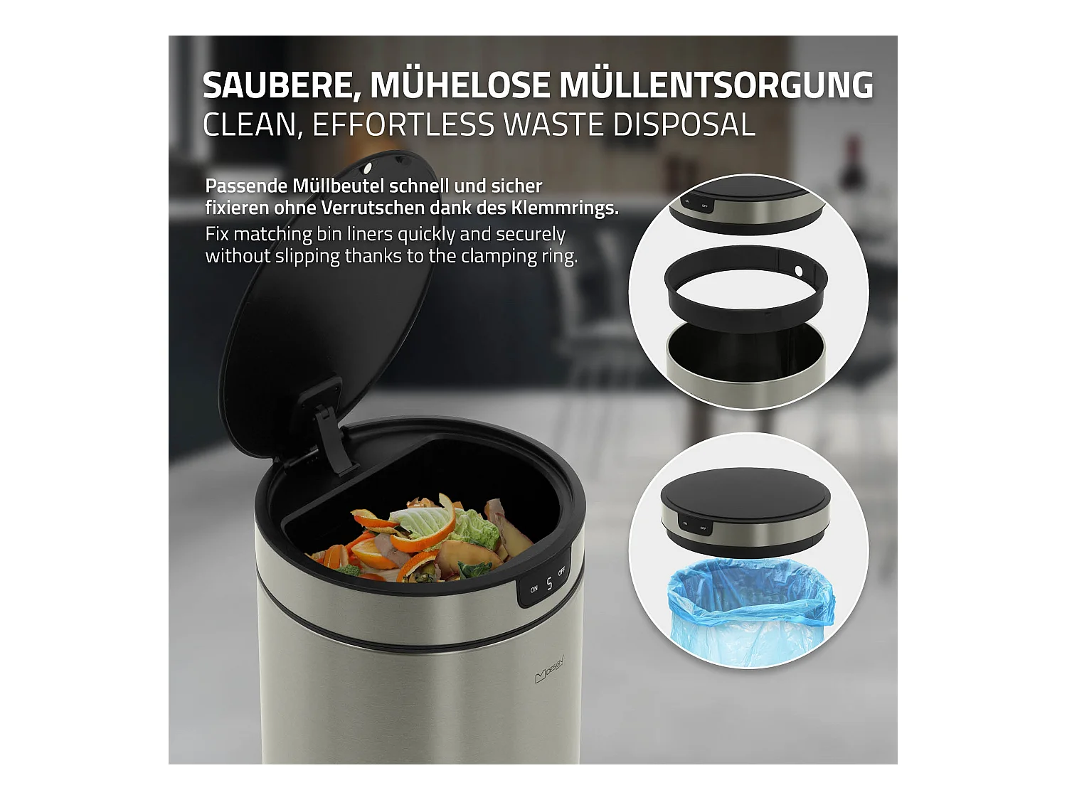 ML-Design Pattumiera automatica 40L, cestino per rifiuti con sensore rotondo in acciaio inox argentato, con anello per sacchetti, per cucina e ufficio