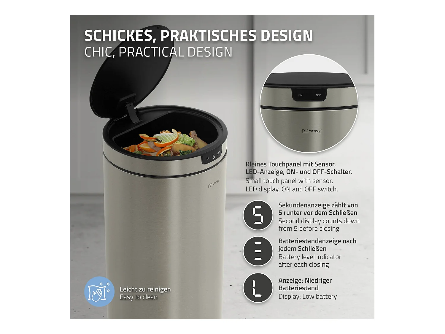 ML-Design Pattumiera automatica 40L, cestino per rifiuti con sensore rotondo in acciaio inox argentato, con anello per sacchetti, per cucina e ufficio