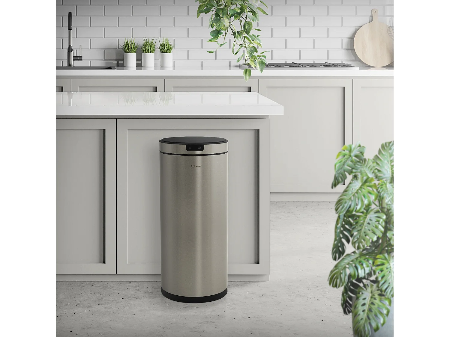 ML-Design Cubo de basura inteligente con sensor de movimiento 40L papelera redonda con apertura y cierre automática de acero plateado con pantalla LED