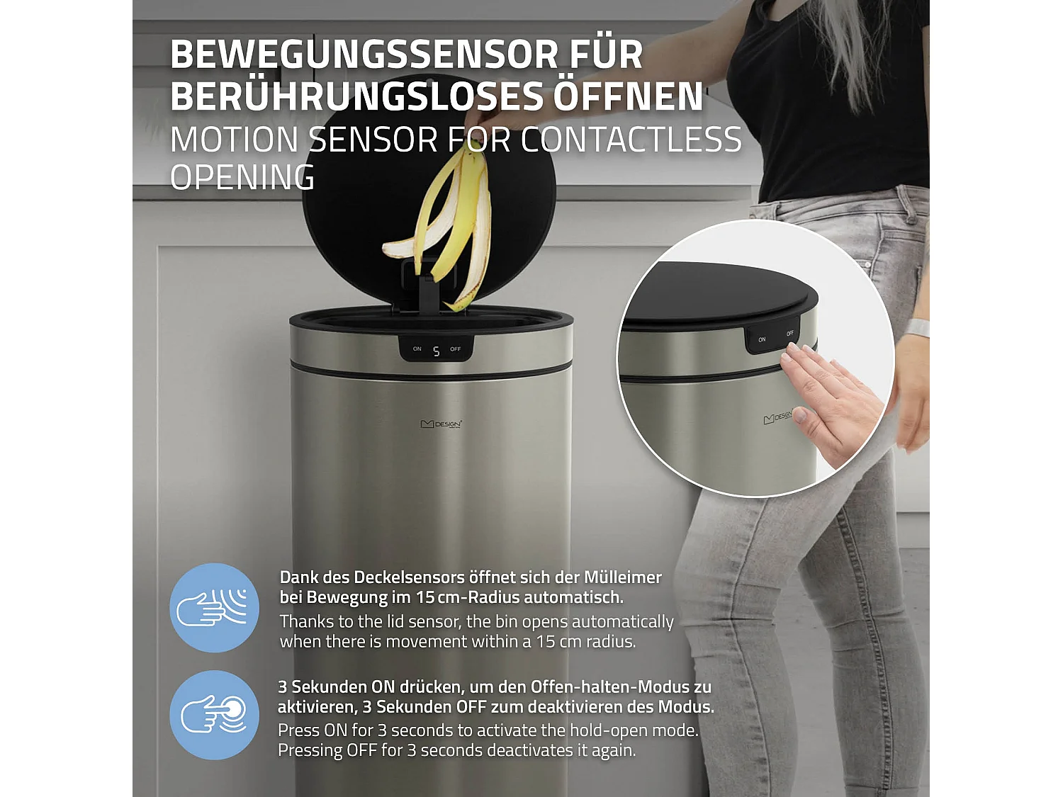 ML-Design Cubo de basura inteligente con sensor de movimiento 40L papelera redonda con apertura y cierre automática de acero plateado con pantalla LED