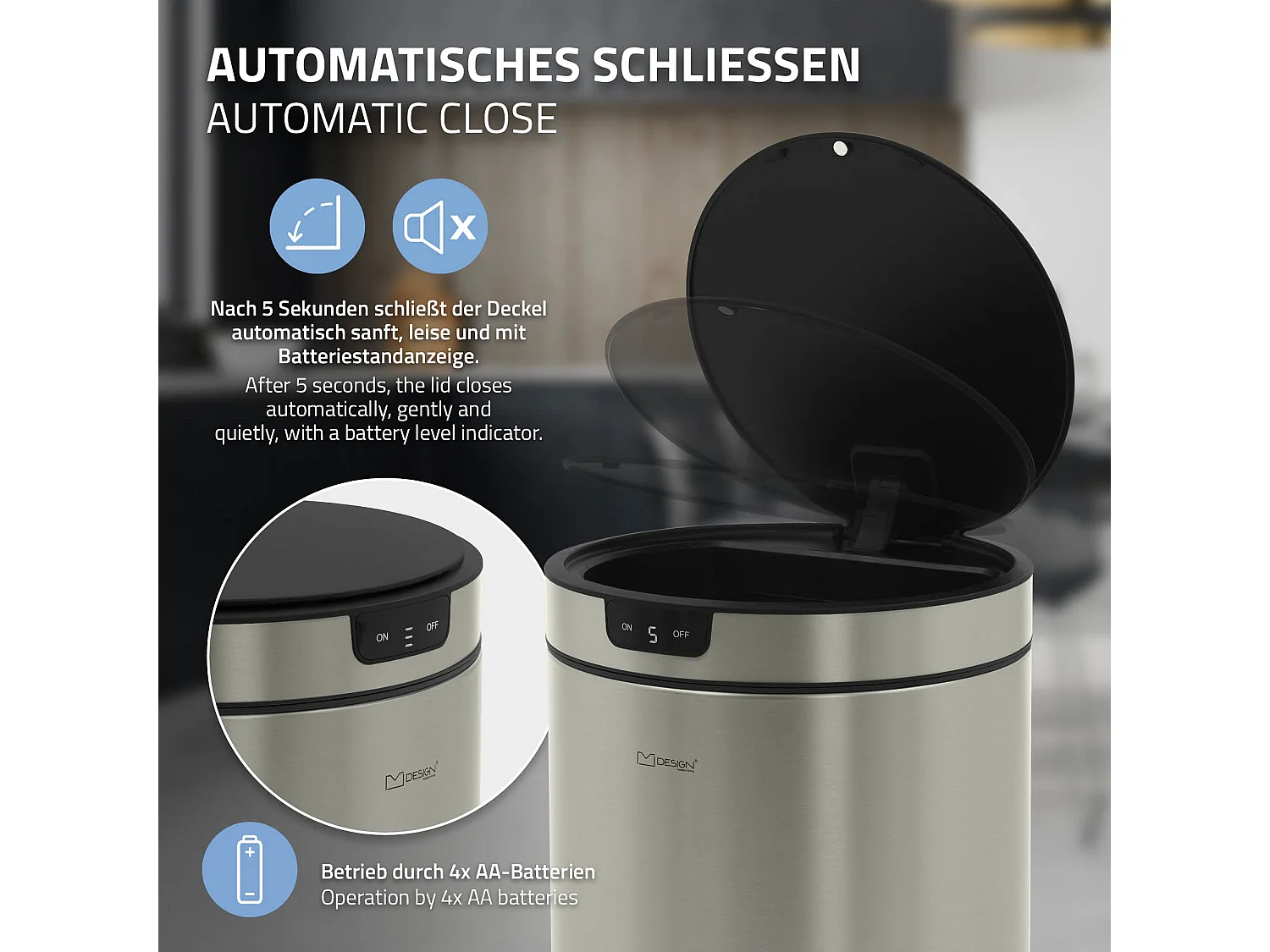 ML-Design Cubo de basura inteligente con sensor de movimiento 40L papelera redonda con apertura y cierre automática de acero plateado con pantalla LED