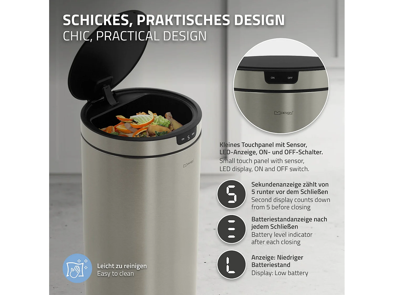 ML-Design Cubo de basura inteligente con sensor de movimiento 40L papelera redonda con apertura y cierre automática de acero plateado con pantalla LED