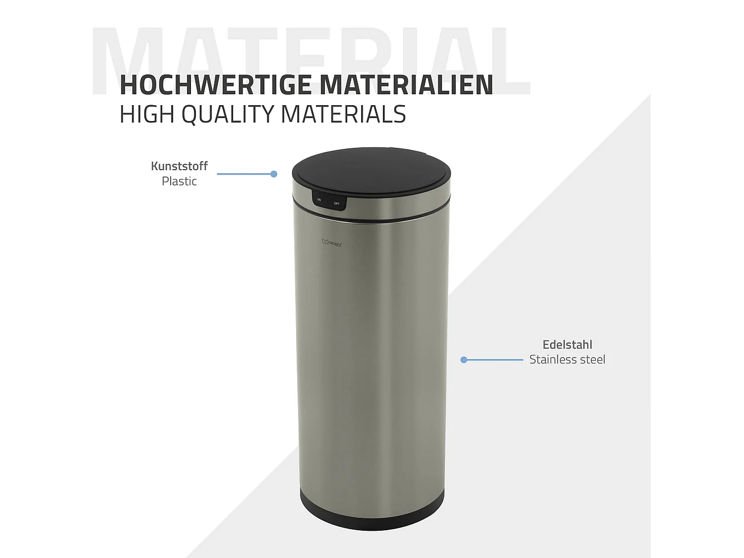 ML-Design Cubo de basura inteligente con sensor de movimiento 40L papelera redonda con apertura y cierre automática de acero plateado con pantalla LED