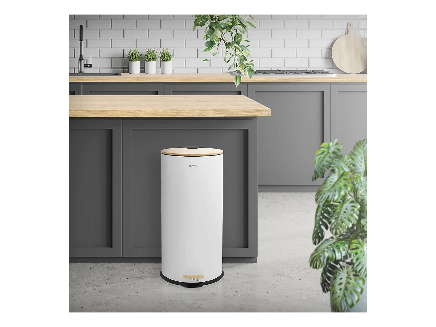 ML-Design Cubo de basura con pedal 30L papelera redonda acabado de acero inoxidable blanco, tapa de bambú con cierre suave para hogar y oficinas