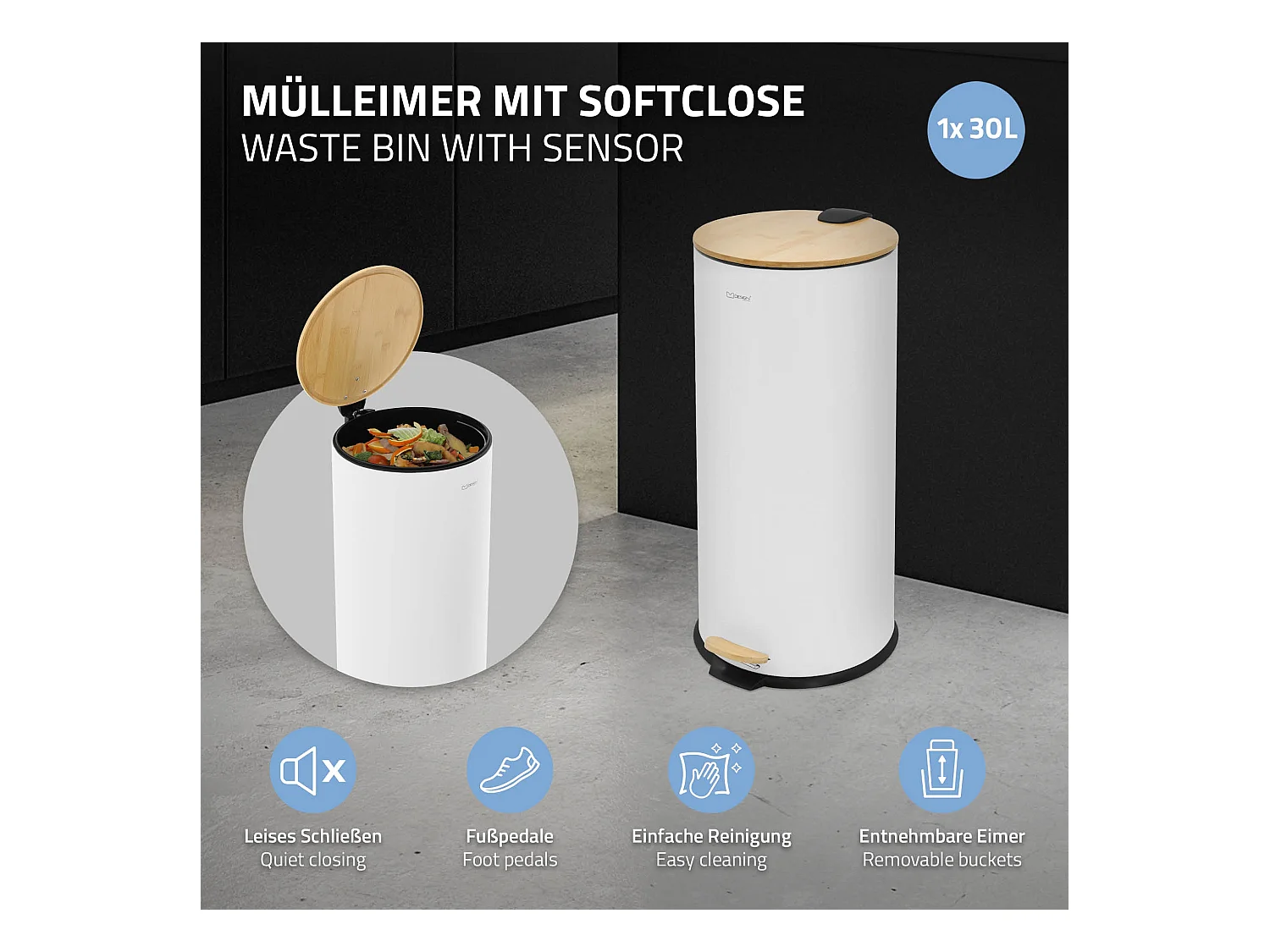 ML-Design Cubo de basura con pedal 30L papelera redonda acabado de acero inoxidable blanco, tapa de bambú con cierre suave para hogar y oficinas