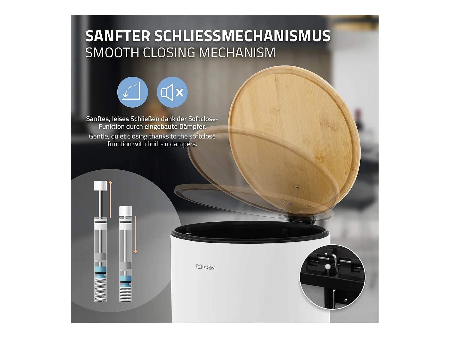 ML-Design Cubo de basura con pedal 30L papelera redonda acabado de acero inoxidable blanco, tapa de bambú con cierre suave para hogar y oficinas