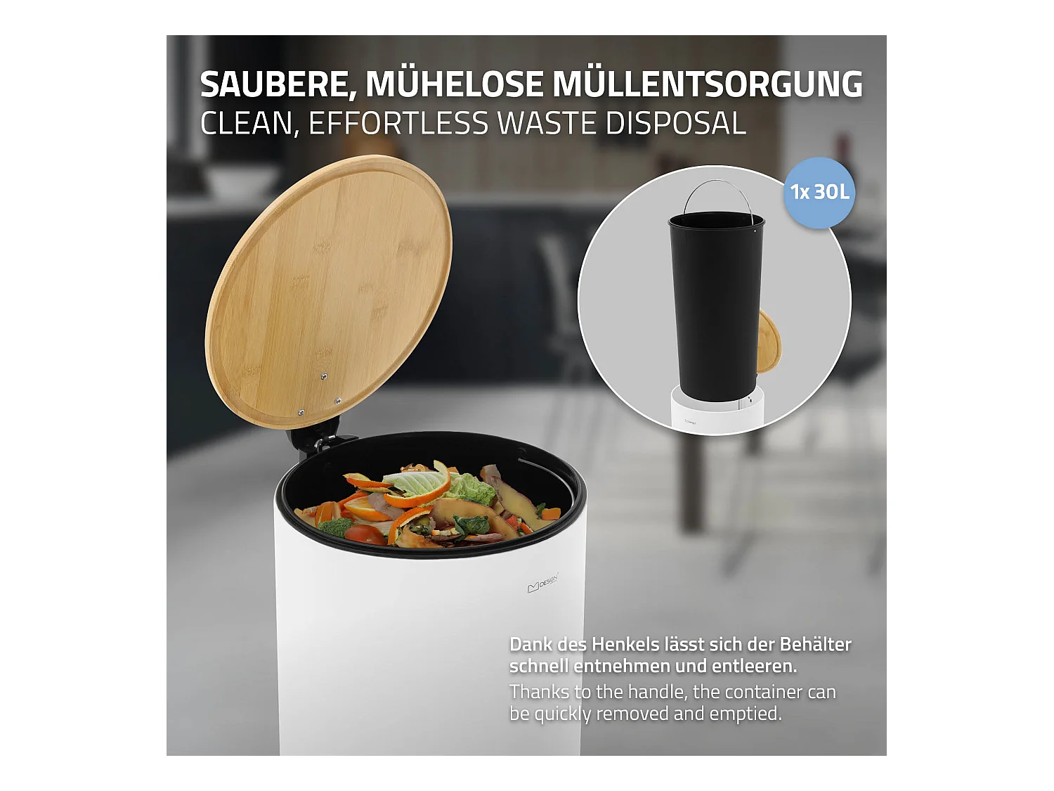 ML-Design Cubo de basura con pedal 30L papelera redonda acabado de acero inoxidable blanco, tapa de bambú con cierre suave para hogar y oficinas