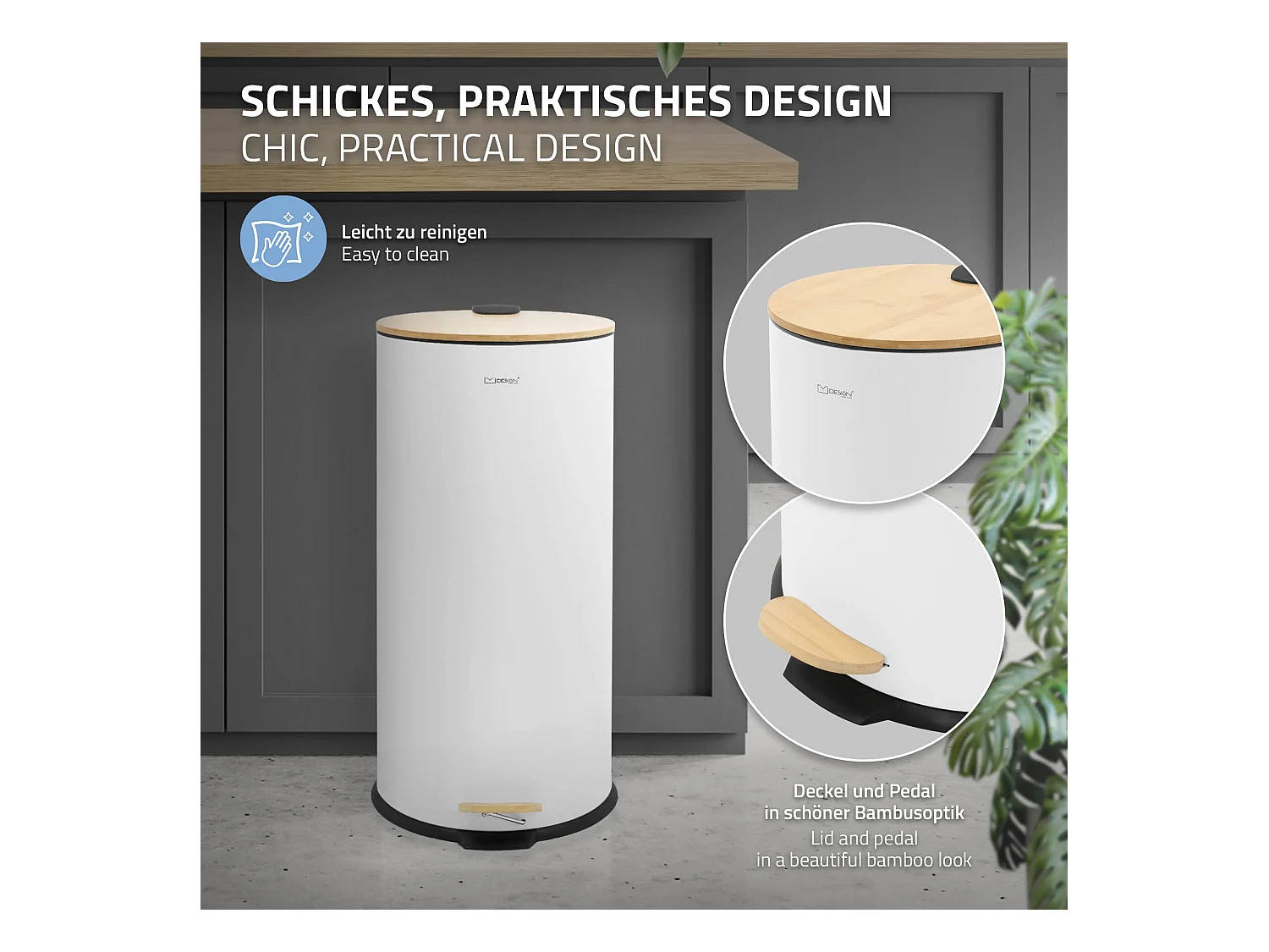 ML-Design Cubo de basura con pedal 30L papelera redonda acabado de acero inoxidable blanco, tapa de bambú con cierre suave para hogar y oficinas