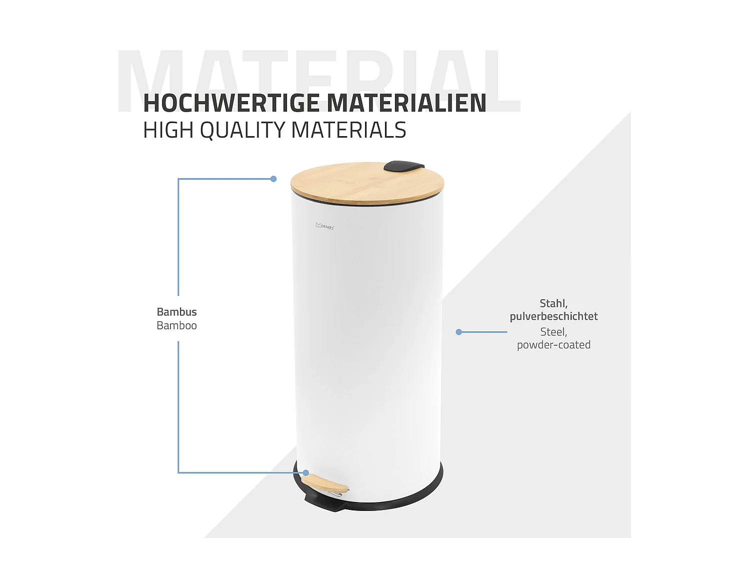 ML-Design Cubo de basura con pedal 30L papelera redonda acabado de acero inoxidable blanco, tapa de bambú con cierre suave para hogar y oficinas