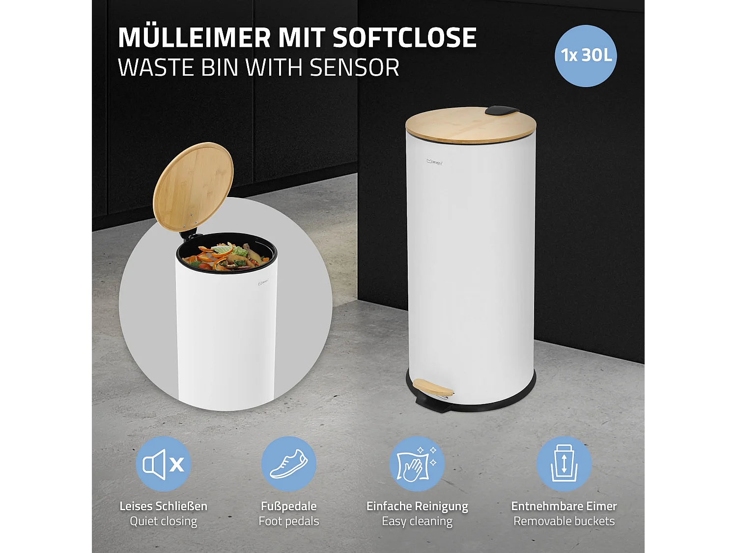 ML-Design Cubo de basura con pedal 30L papelera redonda acabado de acero inoxidable blanco, tapa de bambú con cierre suave para hogar y oficinas