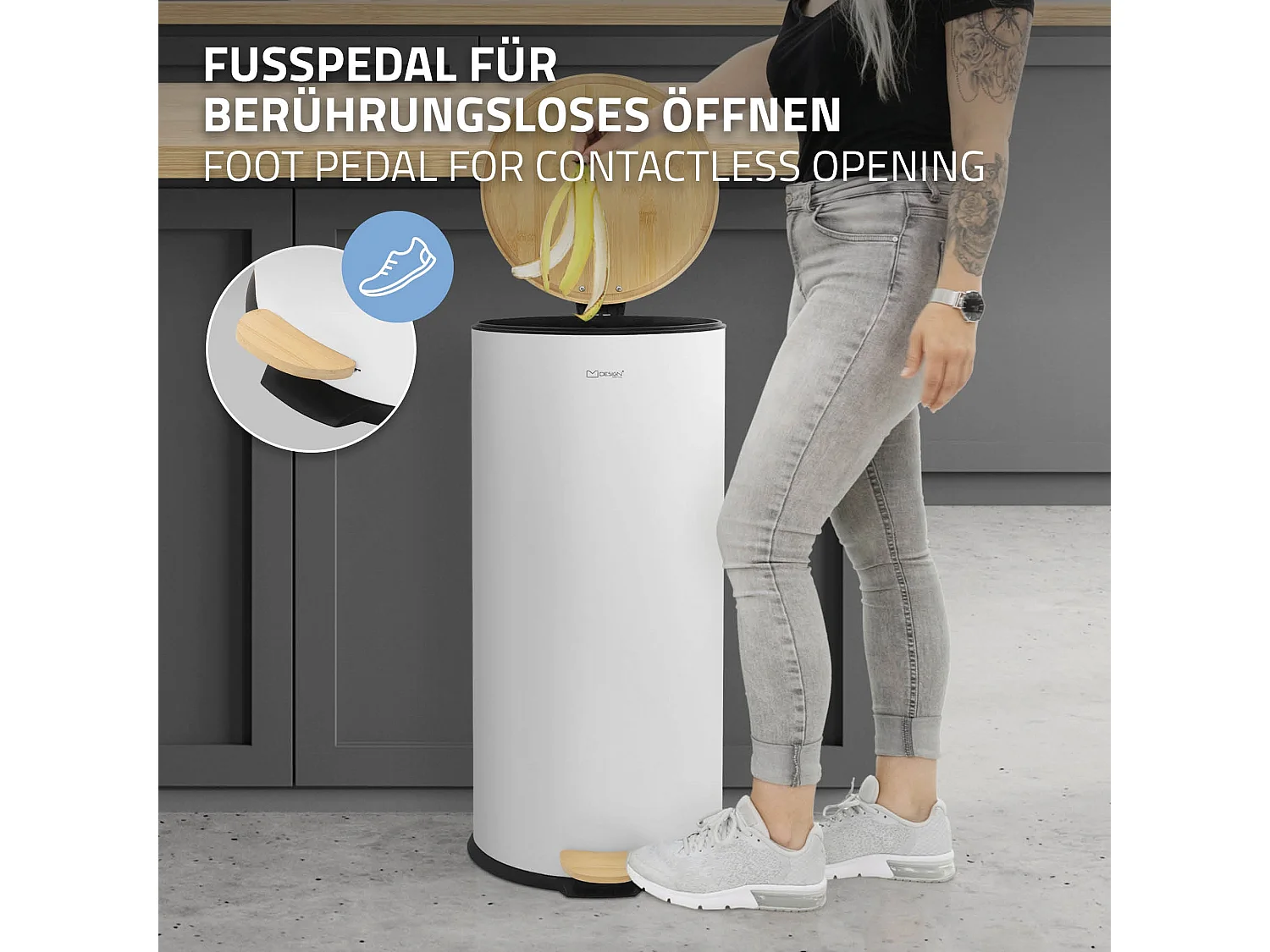 ML-Design Cubo de basura con pedal 30L papelera redonda acabado de acero inoxidable blanco, tapa de bambú con cierre suave para hogar y oficinas