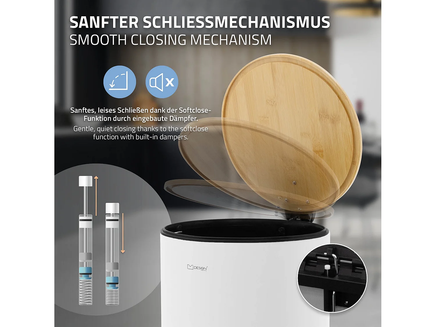 ML-Design Cubo de basura con pedal 30L papelera redonda acabado de acero inoxidable blanco, tapa de bambú con cierre suave para hogar y oficinas