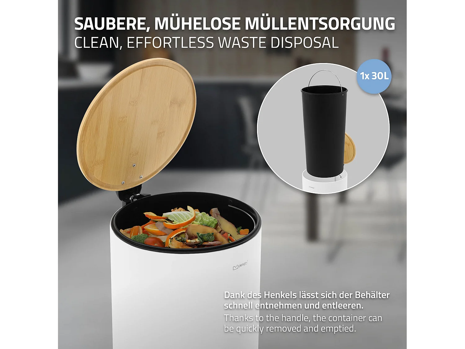 ML-Design Cubo de basura con pedal 30L papelera redonda acabado de acero inoxidable blanco, tapa de bambú con cierre suave para hogar y oficinas