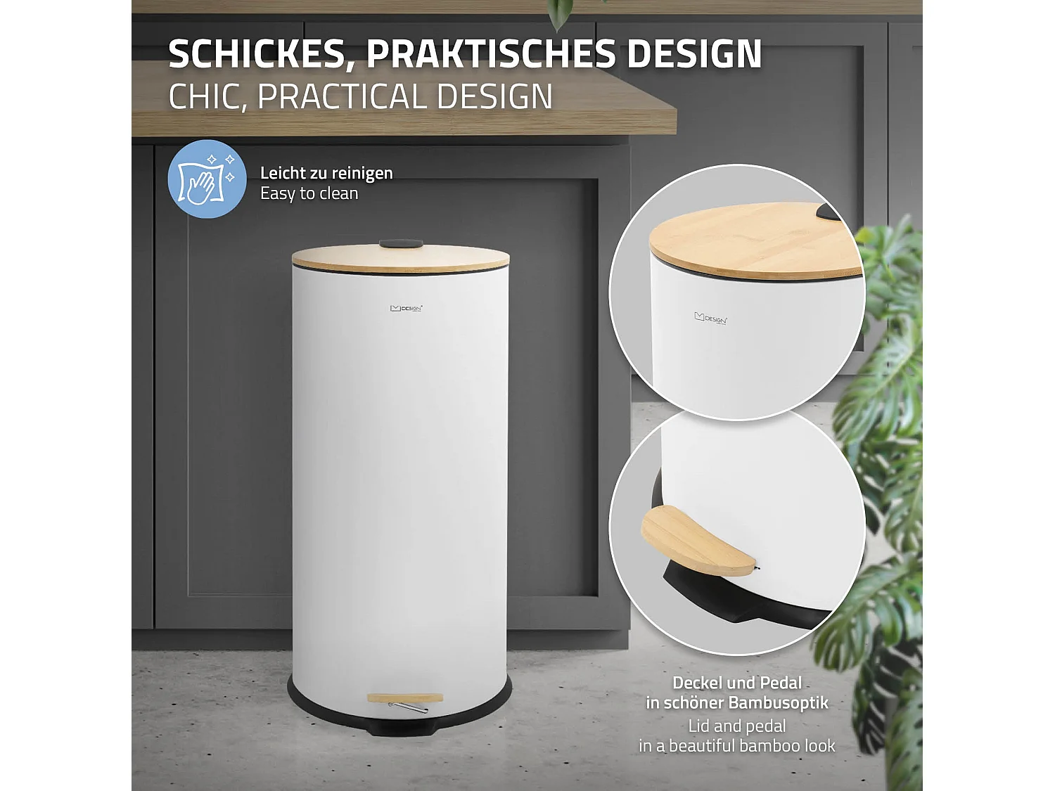 ML-Design Cubo de basura con pedal 30L papelera redonda acabado de acero inoxidable blanco, tapa de bambú con cierre suave para hogar y oficinas