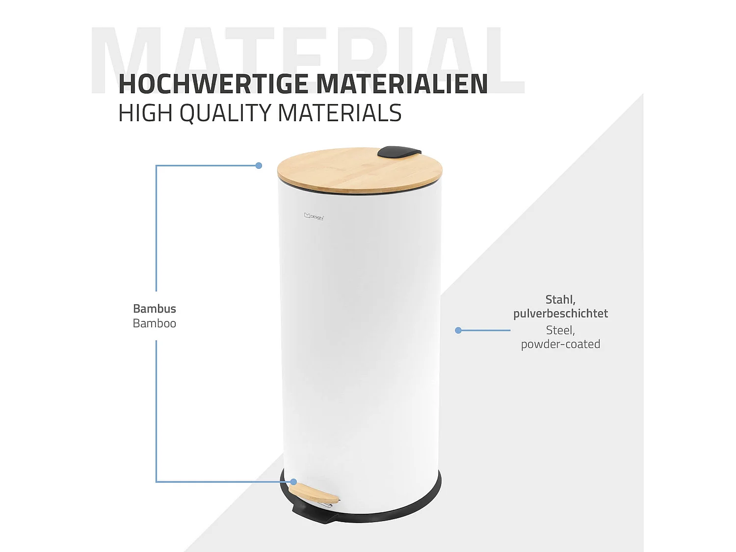 ML-Design Cubo de basura con pedal 30L papelera redonda acabado de acero inoxidable blanco, tapa de bambú con cierre suave para hogar y oficinas