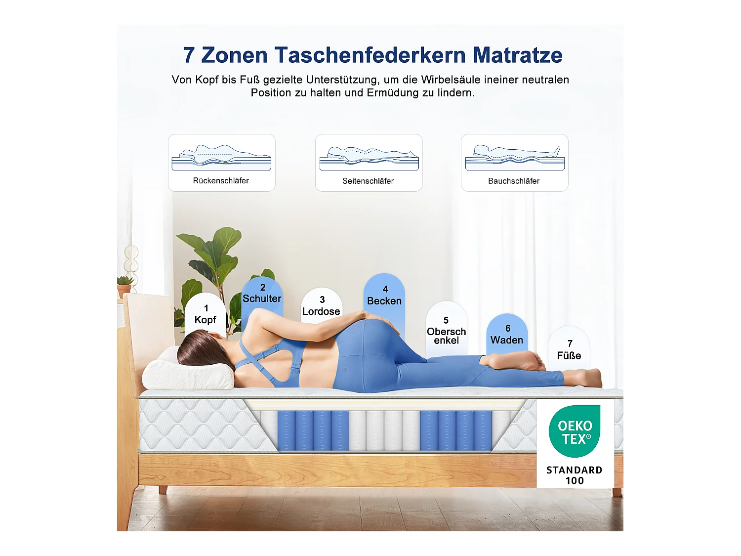 Taschenfederkernmatratze 160 x 200 cm - 7 Zone - Matratzen mit Spannbettlaken - Stärke 22 cm - Härtegrad 3 - Matratze für Kinder und Erwachsene