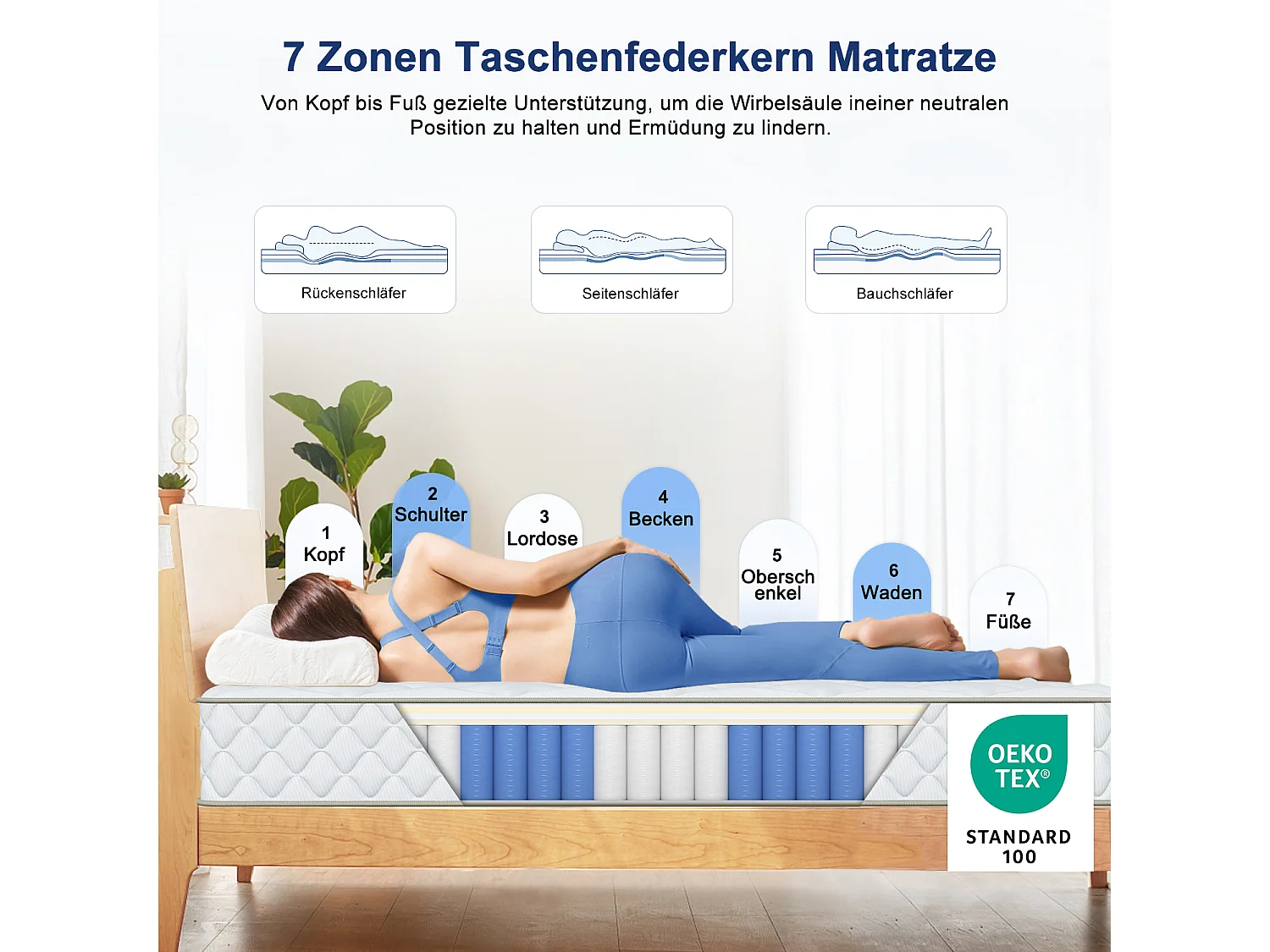Taschenfederkernmatratze 160 x 200 cm - 7 Zone - Matratzen mit Spannbettlaken - Stärke 22 cm - Härtegrad 3 - Matratze für Kinder und Erwachsene