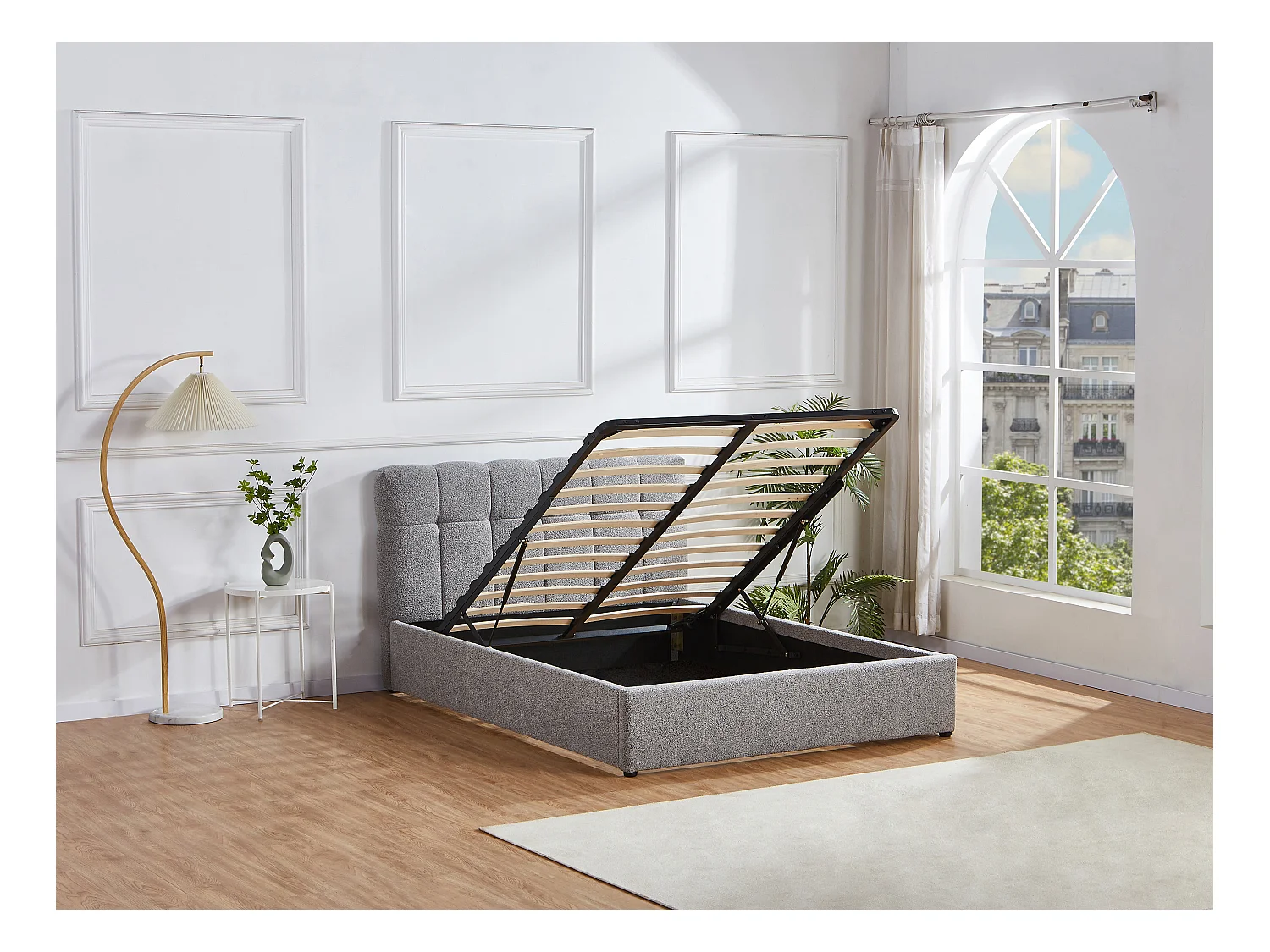 Lit coffre 140 x 190 cm - Tissu bouclette - Gris + Matelas - MAZIRI