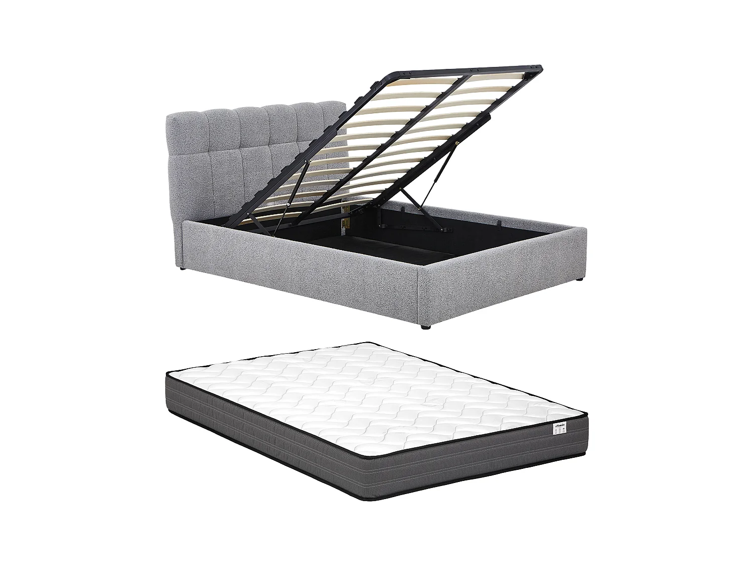 Lit coffre 140 x 190 cm - Tissu bouclette - Gris + Matelas - MAZIRI