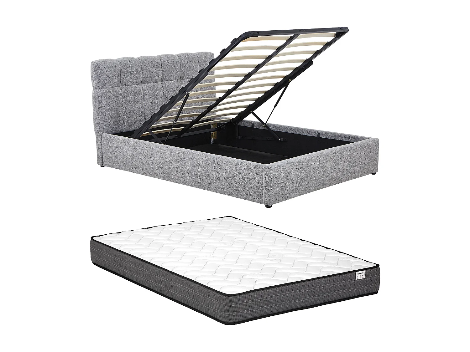 Lit coffre 140 x 190 cm - Tissu bouclette - Gris + Matelas - MAZIRI