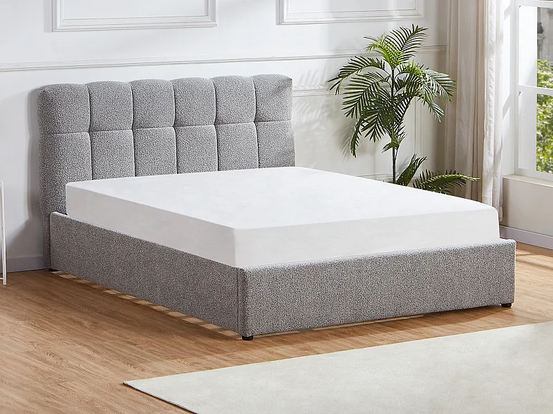 Lit coffre 140 x 190 cm - Tissu bouclette - Gris + Matelas - MAZIRI