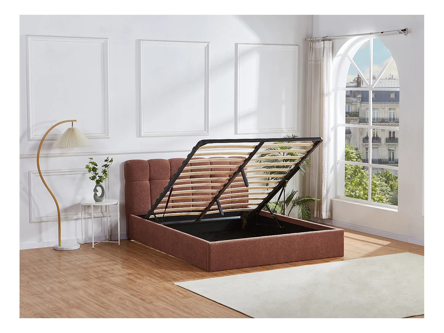Lit coffre 140 x 190 cm - Tissu bouclette - Terracotta + Matelas - MAZIRI
