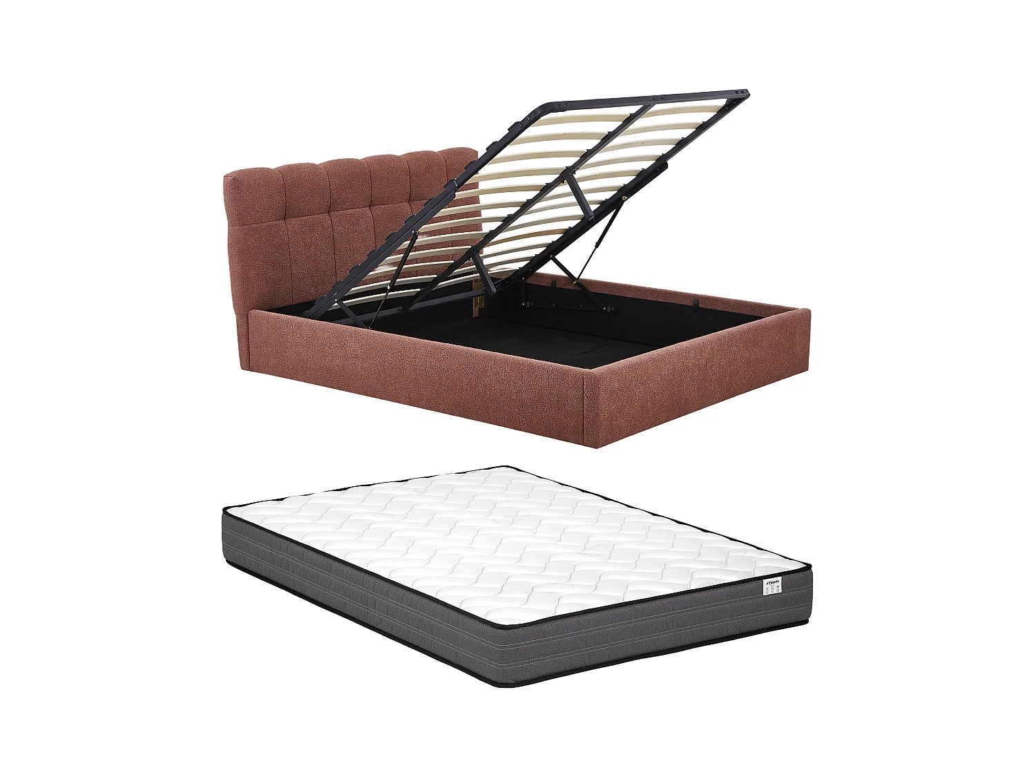 Lit coffre 140 x 190 cm - Tissu bouclette - Terracotta + Matelas - MAZIRI