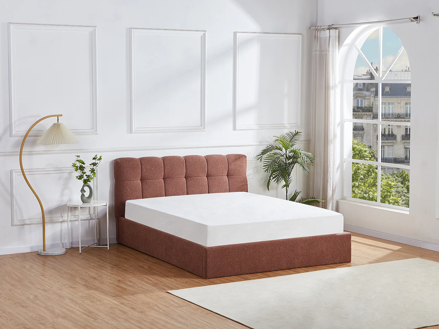 Lit coffre 140 x 190 cm - Tissu bouclette - Terracotta + Matelas - MAZIRI