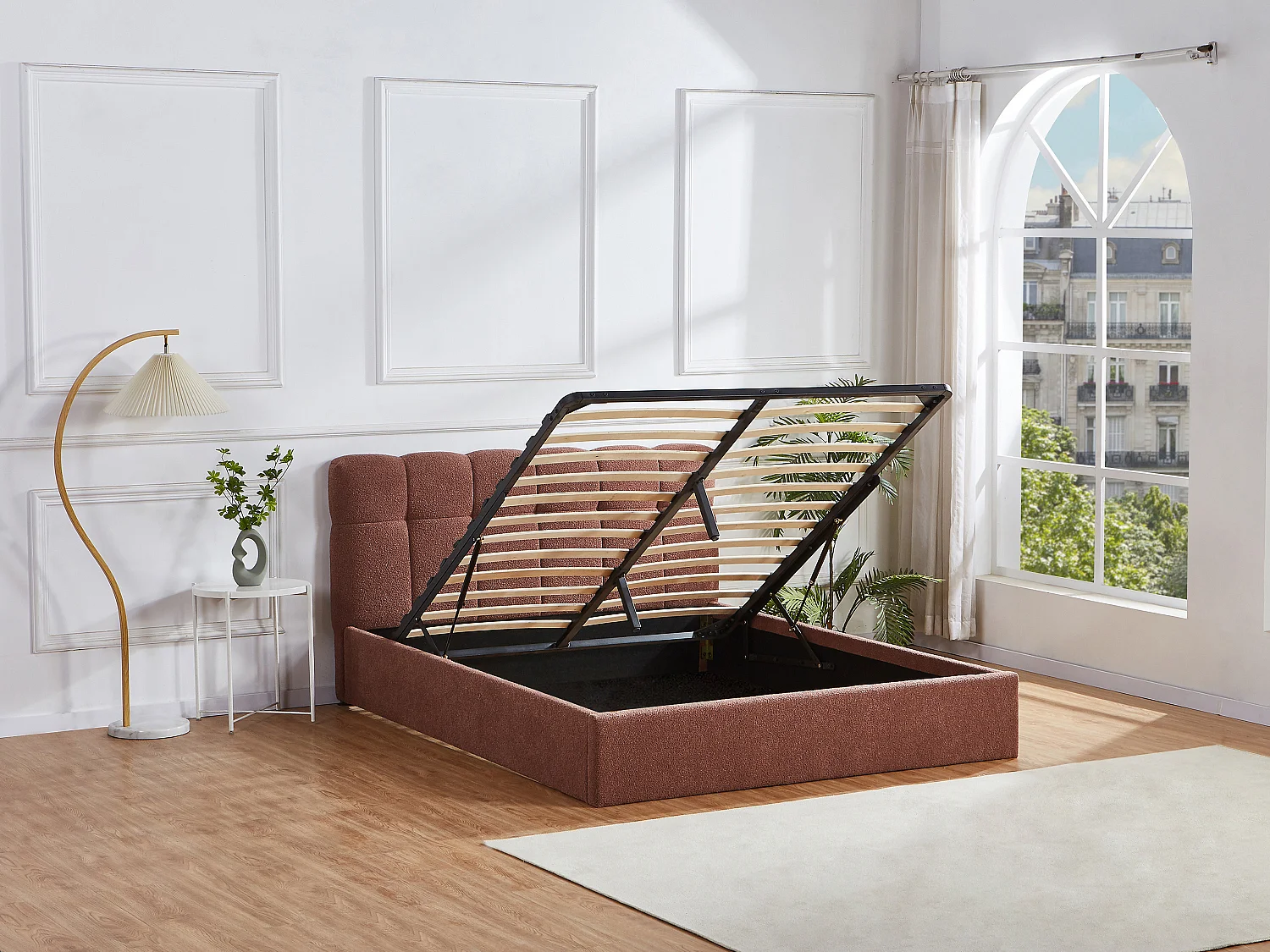 Lit coffre 140 x 190 cm - Tissu bouclette - Terracotta + Matelas - MAZIRI