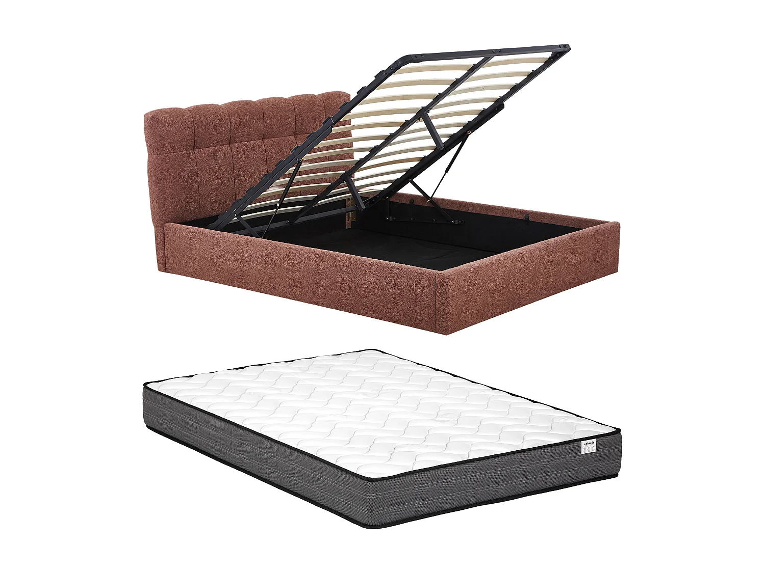 Lit coffre 160 x 200 cm - Tissu bouclette - Terracotta + Matelas - MAZIRI