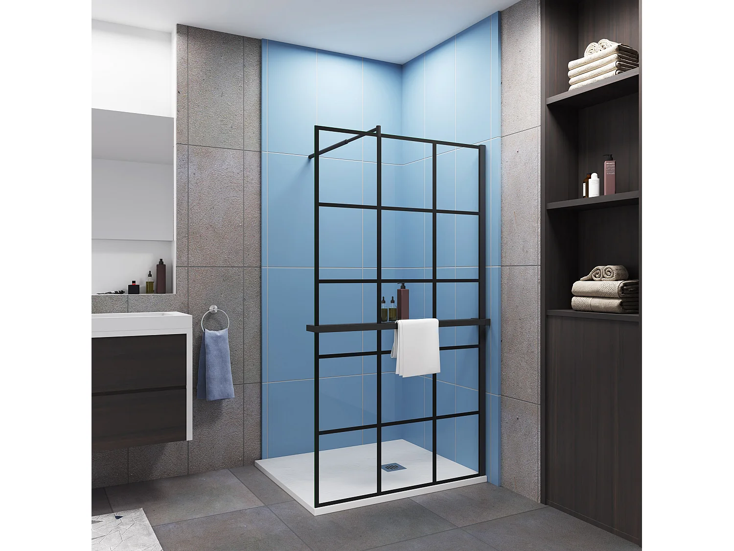 90x200cm 8mm NANO glas Schwarz Handtuchhalter Stützstange Walk in Dusche