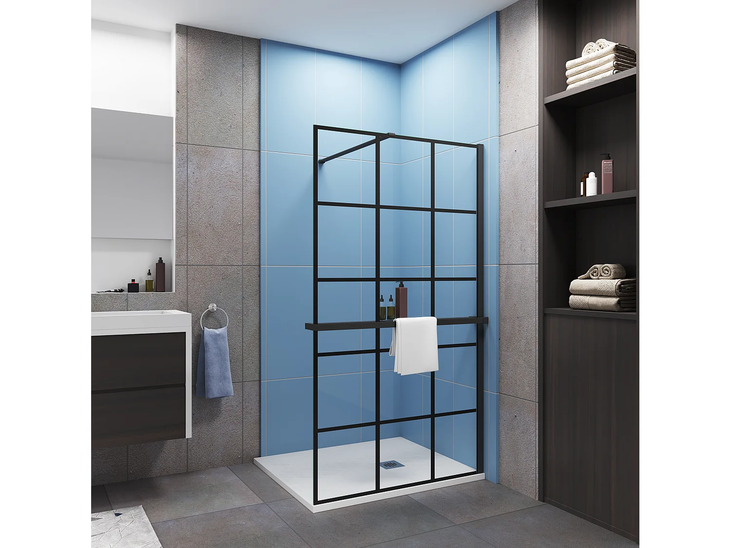 80x200cm 8mm Nano Glas schwarz Stabilisationsbügel Handtuchhalter Walk in Dusche