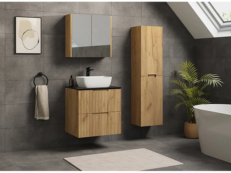 Meuble de salle de bain VENA avec façade rainurée 46 x 60 x 57 chêne doré